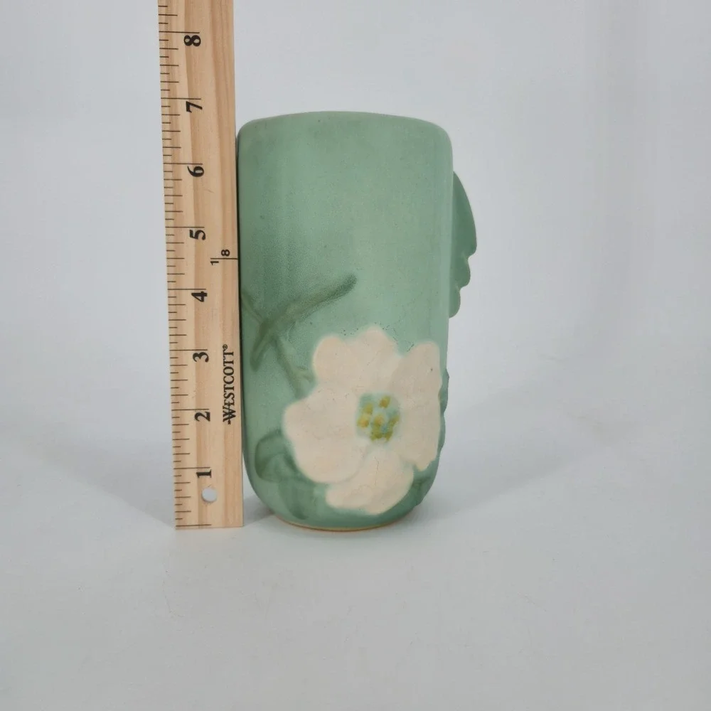 Vintage Weller Wild Rose Vase Matte Green Floral Double Handle 1930s Art Pottery